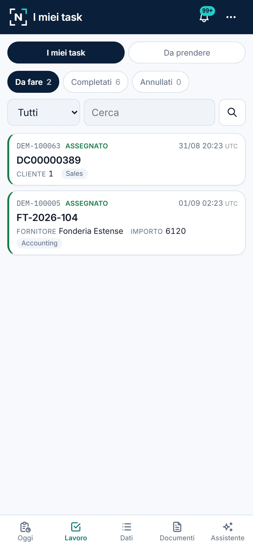 I propri task, in schede: numero, coda, scadenza. Da qui si prende in carico dalla coda con un pulsante esplicito.