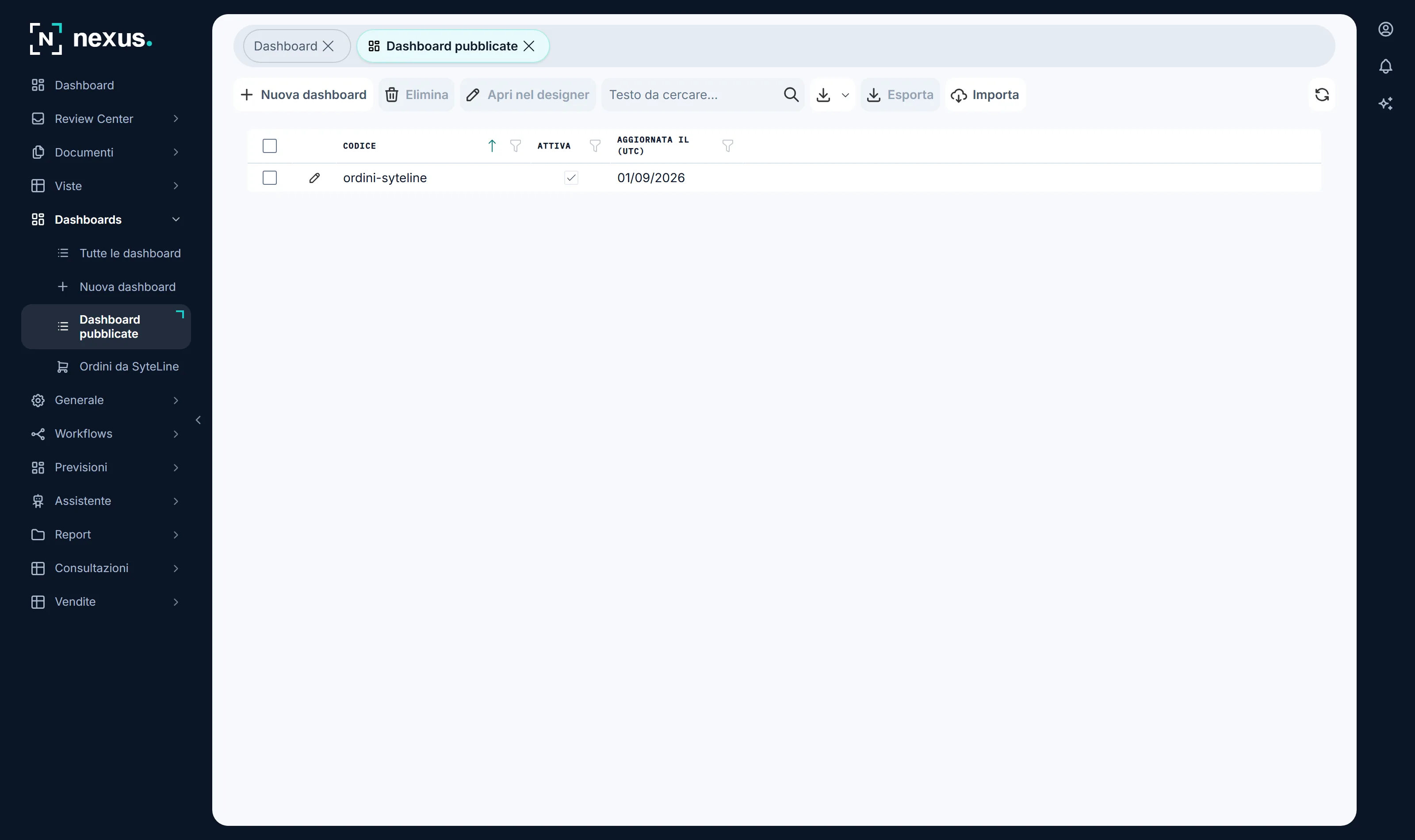Le dashboard pubblicate di un'azienda: ognuna con la sua versione. Il clic su una riga la riapre nel suo designer, con tutto già compilato.