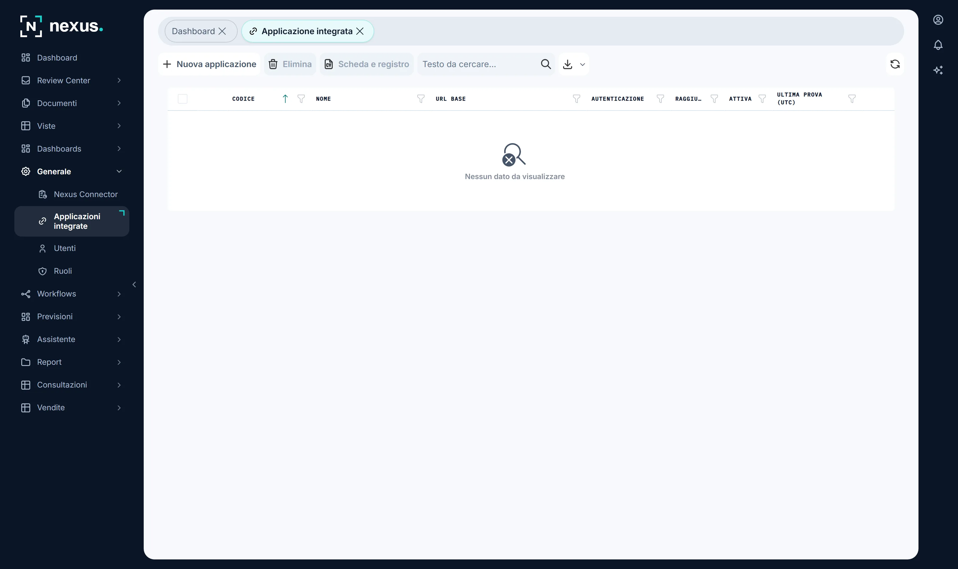 Le applicazioni registrate: che cosa si raggiunge, con quale autenticazione, quali metodi sono ammessi. Ogni chiamata lascia una riga nel registro: il fatto, mai il contenuto.