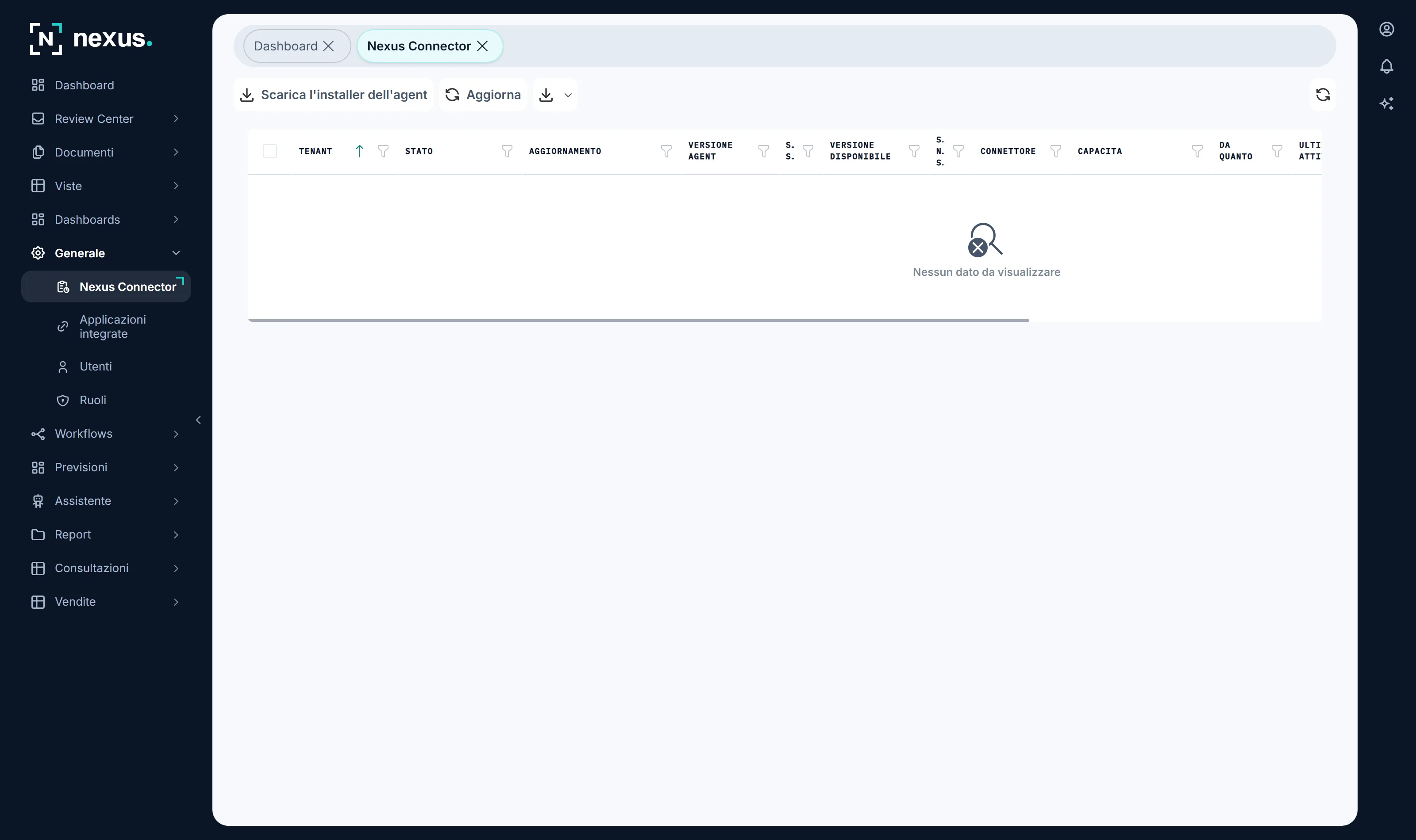 Il Nexus Connector installato nella rete del cliente: se è connesso, da quanto, quante richieste ha servito, e se la versione installata è quella distribuita.