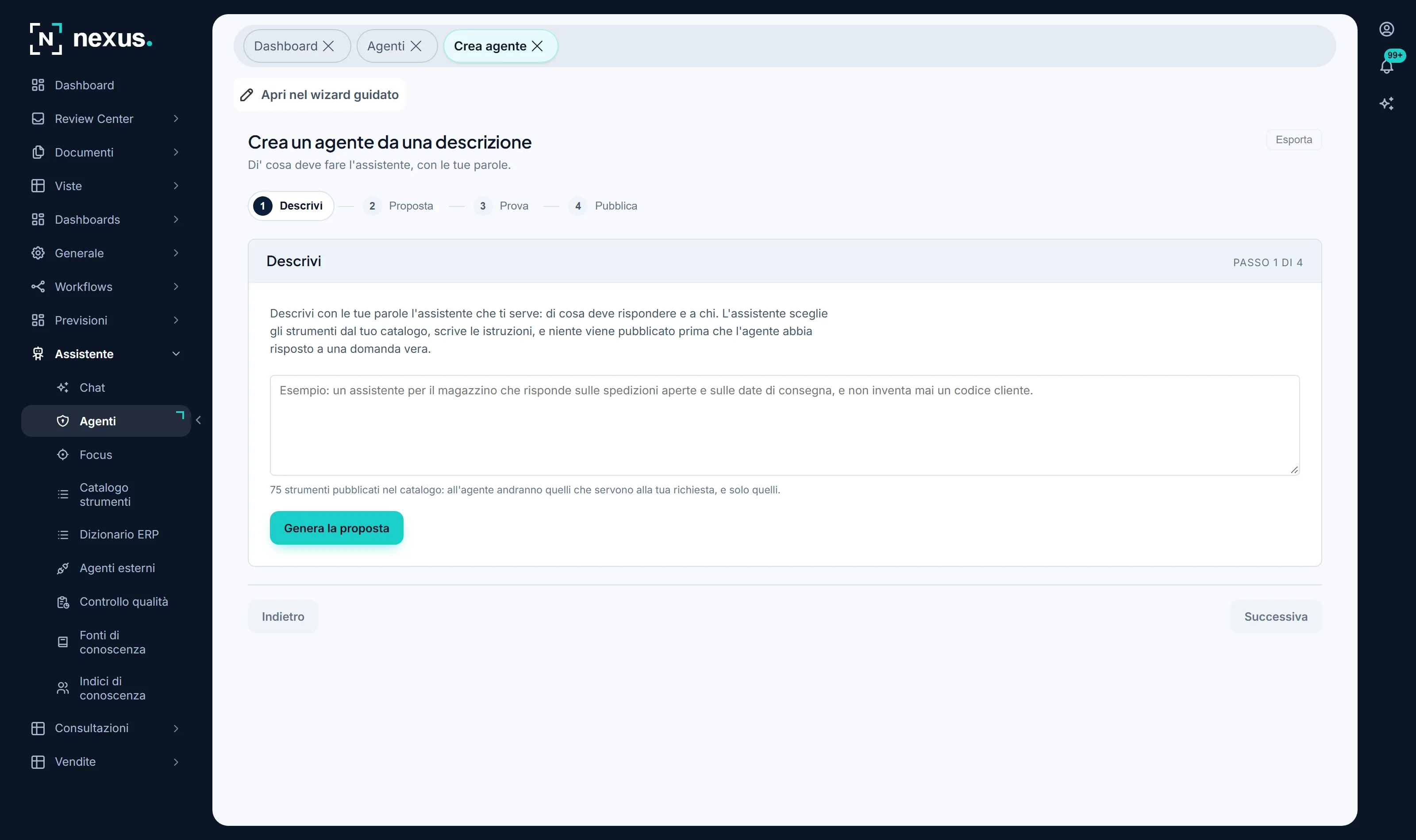 Il primo dei quattro passi — descrivi, proposta, prova, pubblica. Sotto la casella, quanti strumenti ci sono nel catalogo di quell'azienda: all'assistente andranno quelli che servono alla richiesta, e solo quelli.