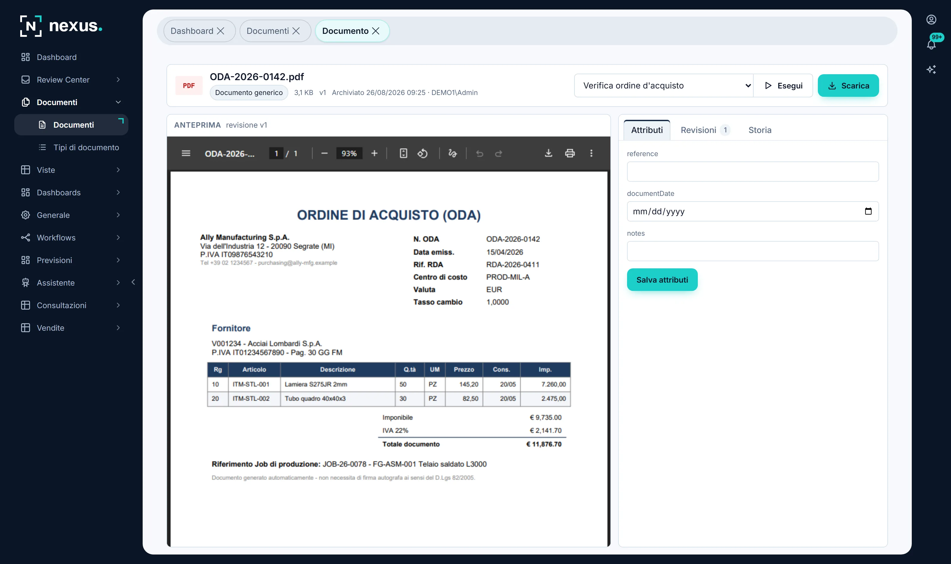 La scheda di un ordine d'acquisto archiviato: accanto a *Scarica*, la tendina dei flussi che accettano quel documento e il pulsante *Esegui*. Sono un comando solo, non due.